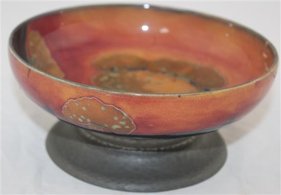 A William Moorcroft Eventide pattern pewter footed bowl, c.1925, diam. 18.5cm, rim repaired